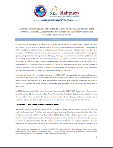 Informe sobre sentencia de la Corte Suprema acerca de trata de personas -  IDEHPUCP PUCP